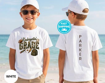 Personalized Camo Kindergarten Grade Sports Shirt, Back to School Tee, Football Baseball Kids Shirt, First Day of Kindergarten Gift