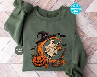 Halloween Ghost Sweatshirt, Vintage Witch Moon Sweater, Spooky Ghost Crewneck Hoodie