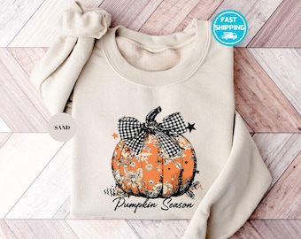 Pumpkin Season Sweatshirt Coquette Fall Hoodie Autumn Vibes Sweater Checkered Bow