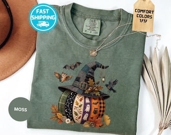 Comfort Colors® Halloween Pumpkin Shirt, Witch Hat Pumpkin Tee, Fall Halloween Graphic Tee, Spooky Autumn Shirt, Ghost Pumpkin Shirt