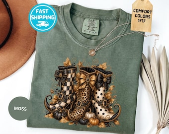 Comfort Colors® Halloween Witch Boots Shirt, Vintage Fall Boots Tee, Pumpkin Graphic Shirt, Cozy Autumn Shirt, Spooky Season Gift