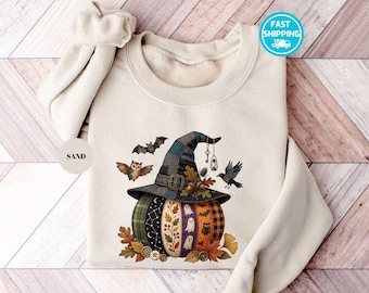 Halloween Pumpkin Sweatshirt, Witch Hat Pumpkin Sweater, Spooky Fall Hoodie, Ghost Pumpkin Crewneck, Cute Autumn Pullover, Halloween Gift