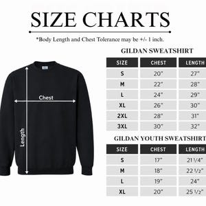 a black GILDA sweatshirt with size charts indicating the measurements for different body lengths and chest sizes.