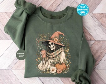 Stay Spooky Sweatshirt, Halloween Skeleton Sweatshirt, Witch Coffee Hoodie, Autumn Ghost Crewneck, Pumpkin Halloween Gift for Women