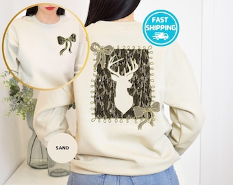 Hunting Sweatshirt, Deer Camo Coquette Sweater, Preppy Camo Bow Hoodie, Hunting Mama Sweatshirt, Hunter Wife Gift, Outdoor Sweatshirt