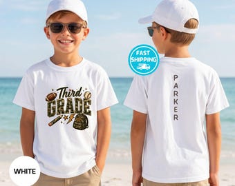 Personalized Camo Third Grade Football Baseball Shirt, Custom 3rd Grade Back to School Tee, Boys First Day School Shirt