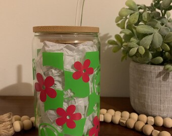 Groovy Floral, Peace Sign, Iced Coffee Cup, Beer Can Glass, With Lid and Straw, Gifts