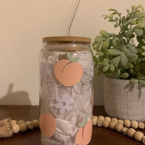 Peaches with Flowers, Iced Coffee Cup, Beer Can Glass, With Lid and Straw, Gifts