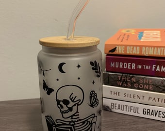 Skeleton, Reader, Fall, Iced Coffee Cup, Beer Can Glass, With Lid and Straw, Gifts
