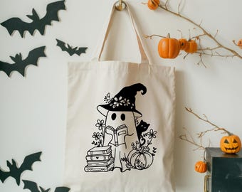 Cute Reading Ghost, Book Lover, Bookish, Canvas Tote Bag, Shopping Bag, Gift For Women, Library Bag