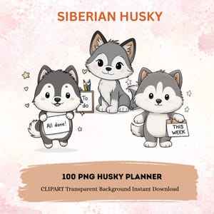 100 schattige huskyhondenplannerstickers | Kawaii puppy-clipart png-bestand | Goodnotes-stickers digitale planner | Hondenplakboek, dagboekdecor