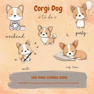 100 schattige Corgi-hond png-afbeeldingen | Plannerstickers | Kawaii digitale pictogrammen | Digitale download Corgi Puppy
