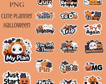 Halloween Planner Stickers, Kawaii Spooky Words, 320 PNG (Digital Download)