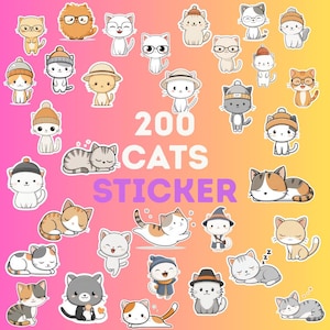 200 PNG Cute Cat Stickers Clipart Bundle | Kawaii Kitten Illustration | Transparent Background | Digital Download