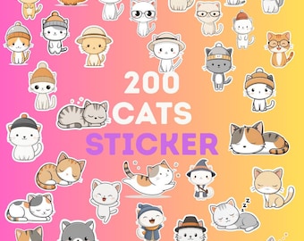 200 pegatinas de gatos adorables / Imágenes prediseñadas PNG de gatitos kawaii (descarga digital)