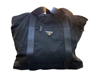 Authentic Prada Bag Vintage Black Nylon Prada Travelbag with Saffiano Leather Trims Luxury Italian Bag Travel Bag Gift for Mom Unique Finds