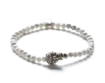 Howlite Stretch Bracelet with Silver Pave Skull Accent - Handmade Gemstone Jewelry