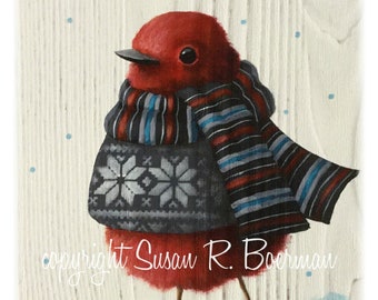 Blank Note Card, Red Bird Wearing Sweater and Scarf, Red Bird Walking in the Snow, Striped Scarf, Black Sweater