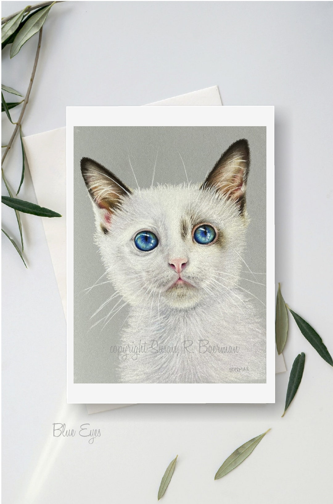 Blank Note Card Blue Eyes White Cat With Blue Eyes Etsy