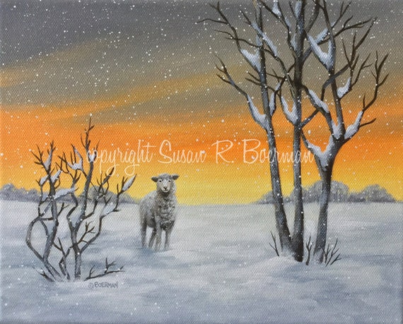 collie and lamb in snow painting