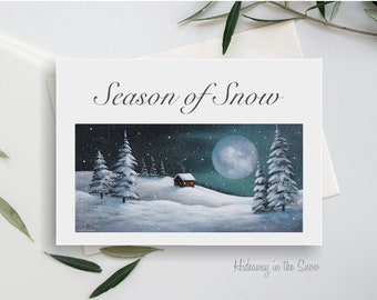 Blank Christmas Note Card, Small Cabin in the Snow at Night Under a Full Moon, Snowy Landscape with Snowy Evergreen Trees
