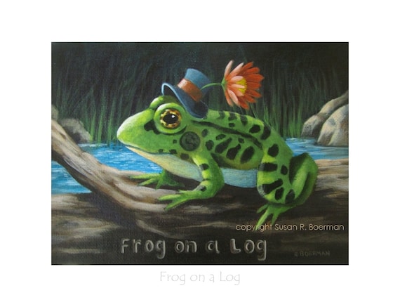 8 X 6 Frog On A Log Fine Art Print Of A Frog Wearing A Mini Etsy