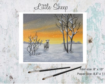 Fine Art Print, Little Sheep, Sheep in Snow at Sunset, Snowy Landscape, Bright Sunset, Lamb in Snow, Little Lamb