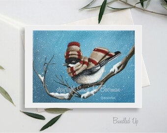 Blank Note Card, Bundled Up, Chickadee Wearing Striped Scarf and Hat, Chickadee Sitting on a Branch, Chickadee on Branch, Bird on Branch