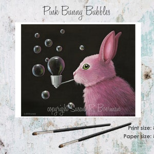 Pink Bunny Bubbles, 8x10 Fine Art Print, Pink Bunny Blowing Bubbles through a Silver Pipe