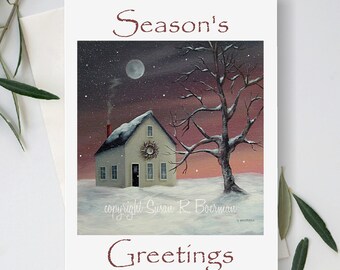 Blank Note Card of a Small House with a Twig Wreath at Night in a Snowy Landscape Under a Full Moon and Near a Bare Tree