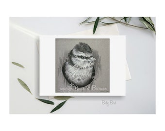 Baby Bird Blank Note Card, Baby Bird looking out from hole in tree