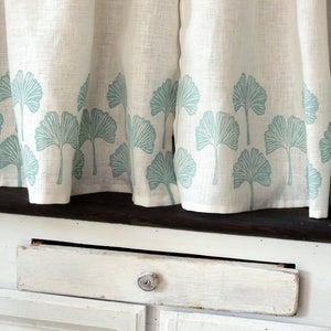 Gingko Leaf white linen cafe curtain hand block printed botanical kitchen home decor window treatment image 1