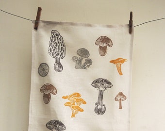 Mushroom Sampler linen tea towel hand block printed kitchen decor