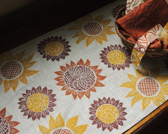 Sunflower natural linen table runner hand block printed summer home decor