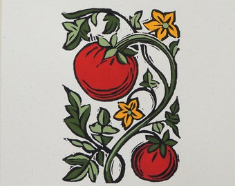 Tomato block print with hand painted details original kitchen gardening art botanical home decor on recycled card stock