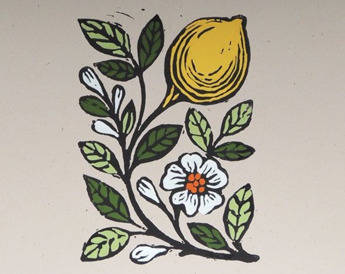 Lemon blossom original gardening art hand block print kitchen botanical home decor