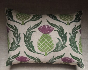 Scottish Thistle hand block printed natural gray brown linen decorative home decor pillow cover