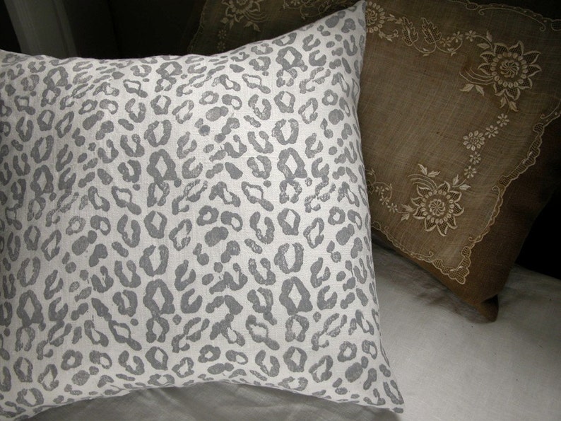 Gray hand block printed leopard spot on white linen modern home decor decorative pillow cover your choice of size image 3