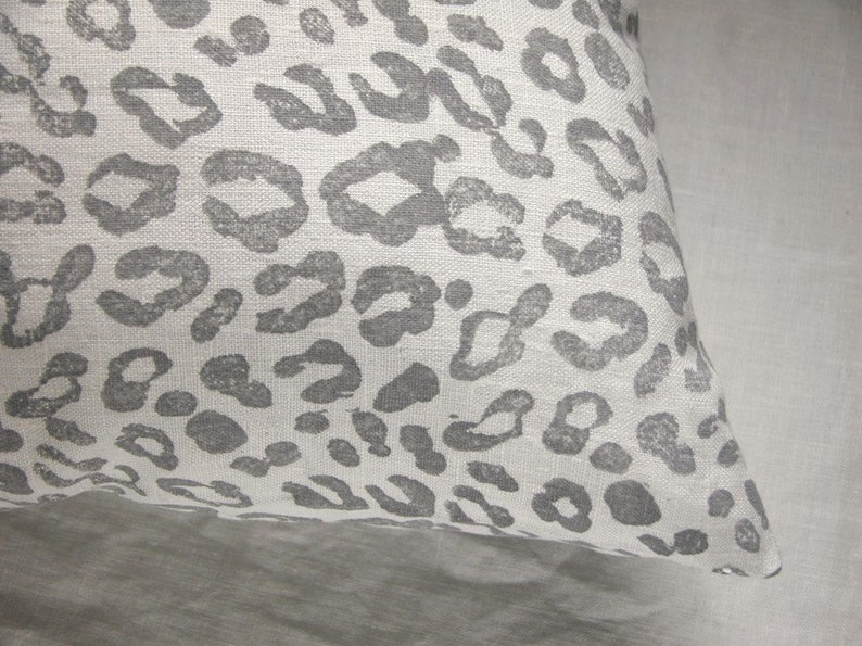 Gray hand block printed leopard spot on white linen modern home decor decorative pillow cover your choice of size image 5