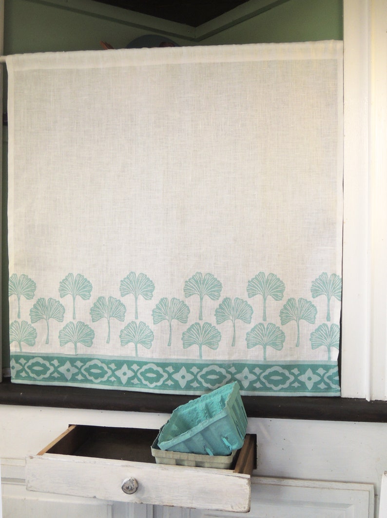 Gingko Leaf white linen cafe curtain panel with appliquéd border hand block printed botanical home decor window treatment image 5