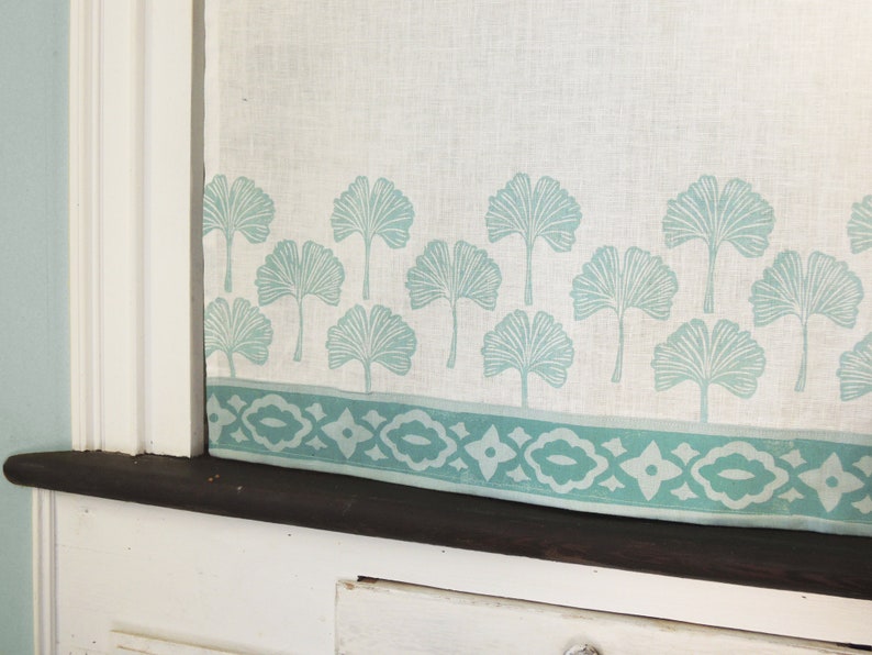 Gingko Leaf white linen cafe curtain panel with appliquéd border hand block printed botanical home decor window treatment image 3