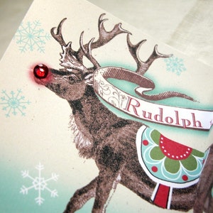 Santa&#39;s Reindeer Mantel Card Christmas Holiday Decor fireplace mantle retro vintage etching style