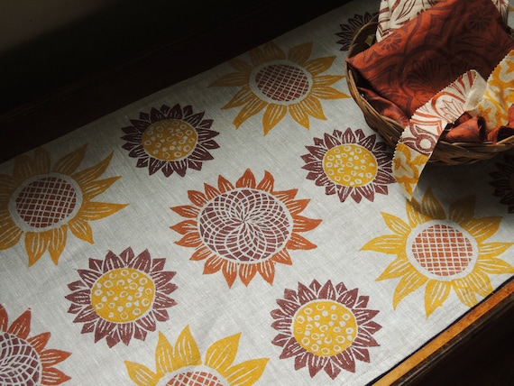 Sunflower natural linen table runner hand block printed summer home decor