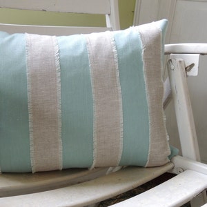 Aqua and mixed natural gray brown linen fringed nautical stripe coastal living home decor decorative pillow cover image 1