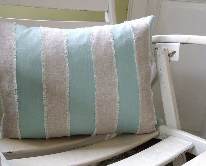 Aqua and mixed natural gray brown linen fringed nautical stripe coastal living home decor decorative pillow cover image 1