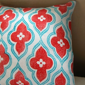 red and turquoise hand block printed linen ogee design home decor decorative colorful pillow cover your choice of size image 3