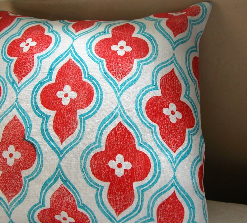 red and turquoise hand block printed linen ogee design home decor decorative colorful pillow cover your choice of size image 3
