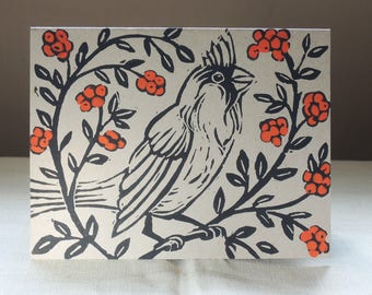 Cardinal Bird with Red Berries Christmas cards hand block printed on recycled kraft paper set of four