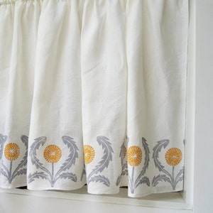 Dandelion linen cafe curtains or valance gray yellow green coral taupe modern kitchen home decor hand block printed image 4