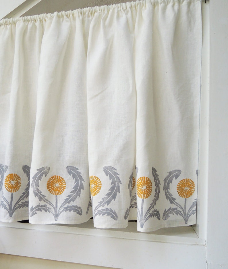 Dandelion linen cafe curtains or valance gray yellow green coral taupe modern kitchen home decor hand block printed image 4